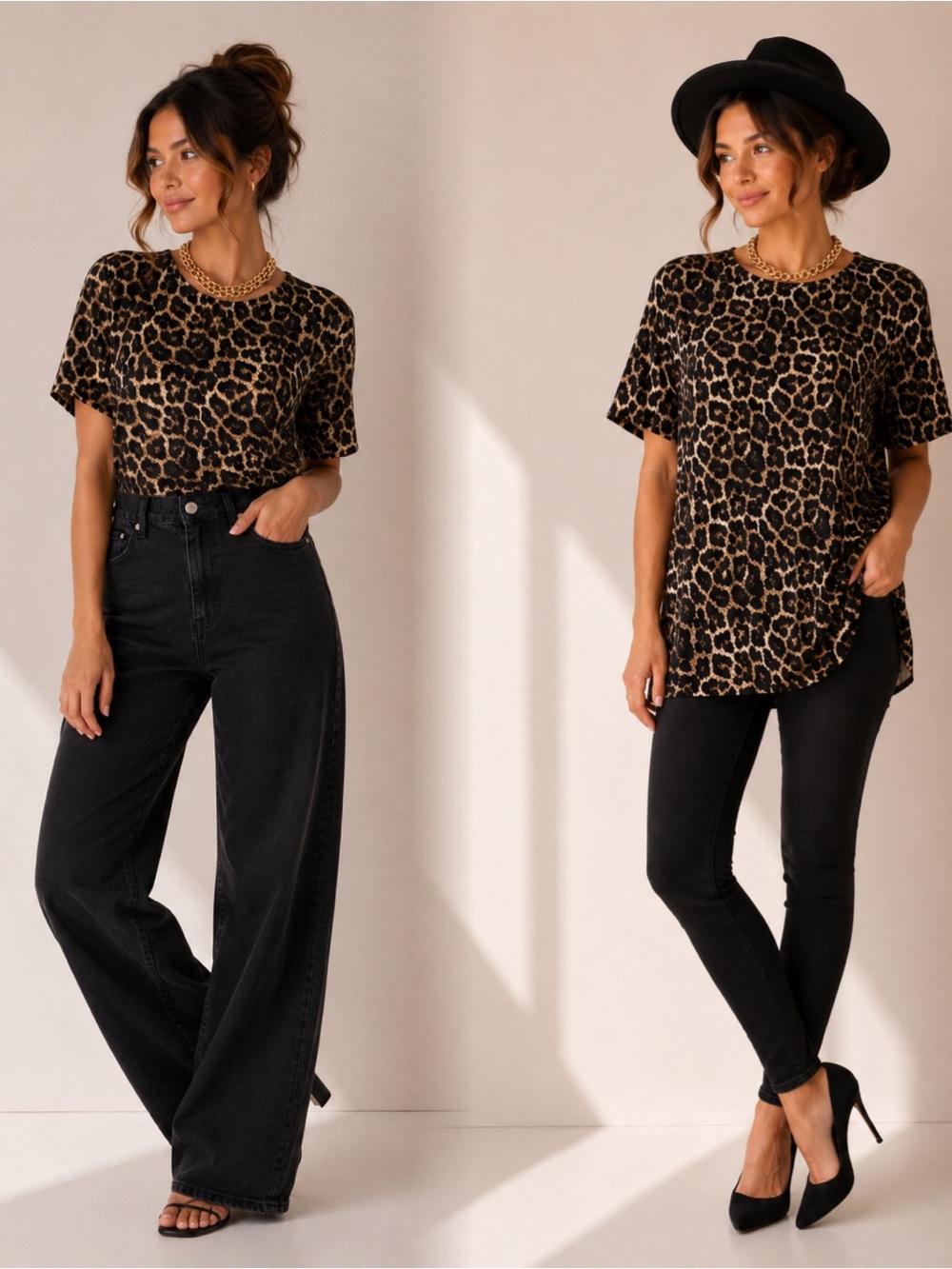 Chelsea & Theodore leopard print chic short sleeve top EUC
